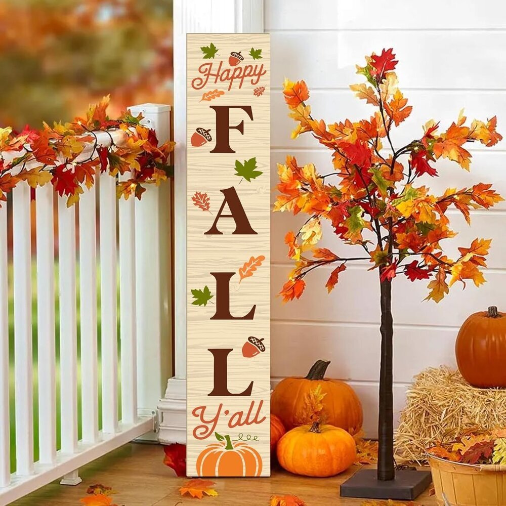 Happy Fall Sign Autumn Front Door Hanging Decor Welcome Sign Wooden Vertical Ind